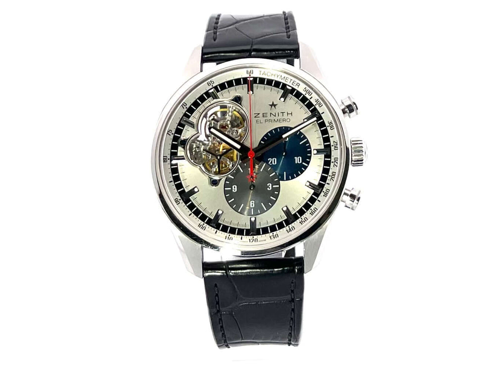 Zenith Chronomaster El Primero Open Edelstahl-Uhr mit schwarzem Lederband und silberfarbenem Zifferblatt