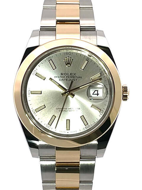 Rolex Datejust 41 Edelstahl Gelbgold 126303 Silber mit 18 kt Gelbgold Leuchtindizes, polierter 18 kt Gelbgold Lünette und Oyster Armband