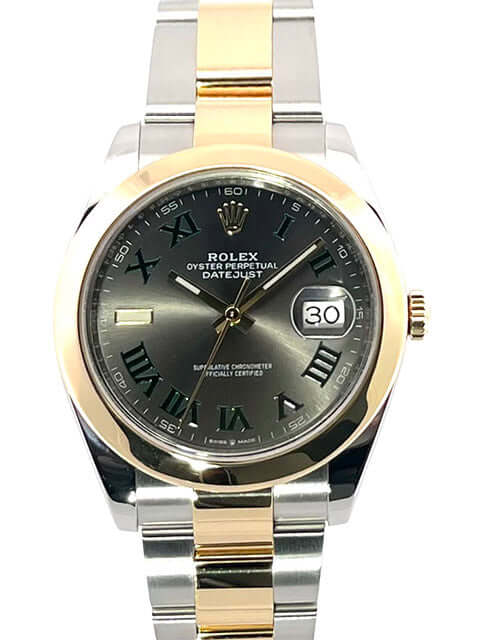 Rolex Datejust 41 Edelstahl Gelbgold Ref. 126303 mit Schiefergrauem Zifferblatt und römischen Ziffern, Oyster Armband, 41 mm Gehäuse.