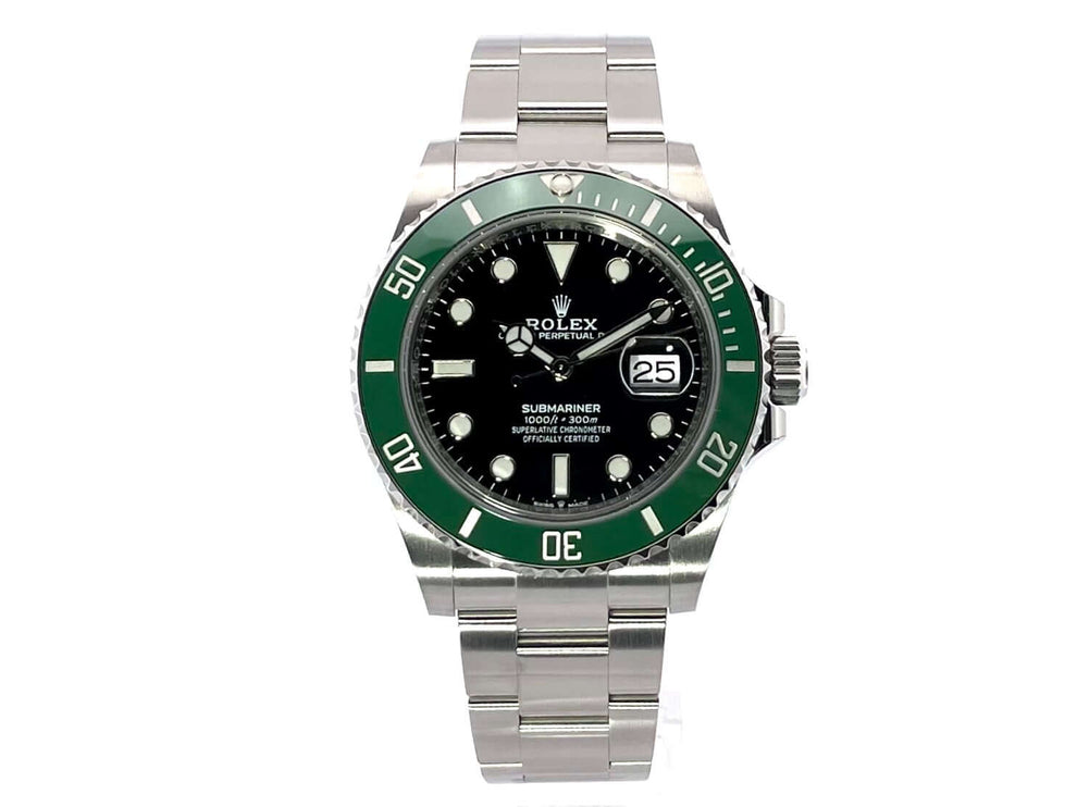 Rolex Submariner Date Edelstahl Ref. 126610LV, Gehäusedurchmesser 41 mm, Edelstahlarmband, schwarze Zifferblatt, grüne Keramik Lünette, Automatikwerk