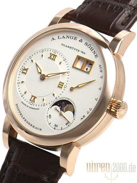 A. Lange & Söhne Lange 1 Mondphase Rotgold Ref. 192.032 mit braunem Alligatorlederband, Gehäuse aus 18 kt Rotgold, silbernes Zifferblatt