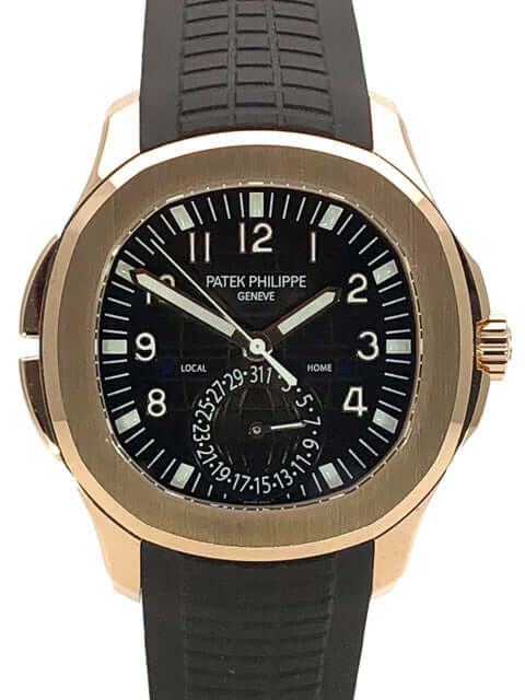 Patek Philippe Aquanaut Travel Time 5164R-001 Roségold Uhr mit schwarzem Zifferblatt und braunem Kautschukband