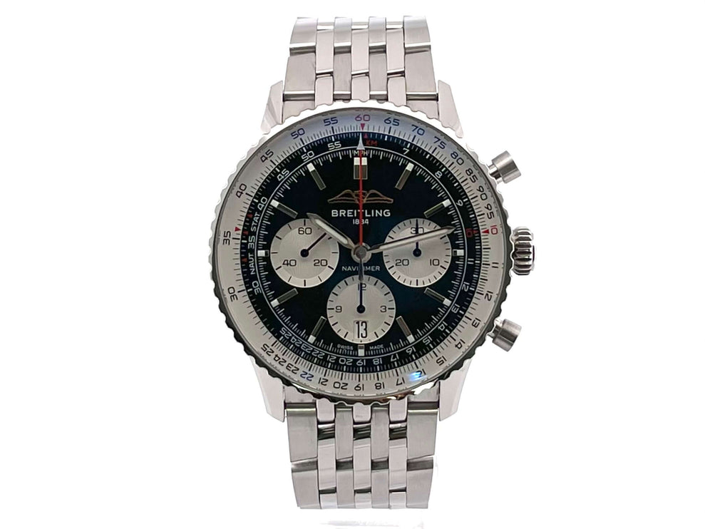 Breitling Navitimer B01 Chronograph 43 AB0138211B1A1 Edelstahlgehäuse, schwarzes Zifferblatt, Rechenschieber, poliertes Edelstahlarmband