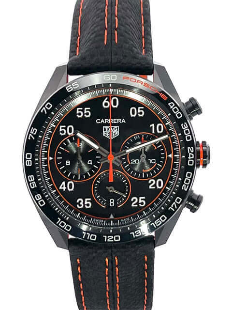 TAG Heuer Carrera Heuer 02 Chronograph CBN2A1M.FC6526 Porsche Edition mit schwarzem Lederband und DLC-beschichtetem Edelstahlgehäuse.