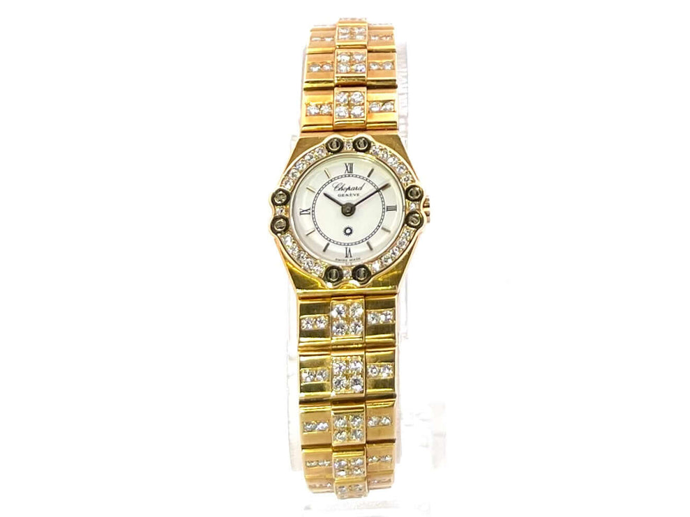 Chopard St. Moritz Gelbgold 25-4643 Uhr mit Diamant-Gelbgoldband und weißem Zifferblatt, Quarzwerk, Bild der gebrauchten Uhr im sehr guten Zustand