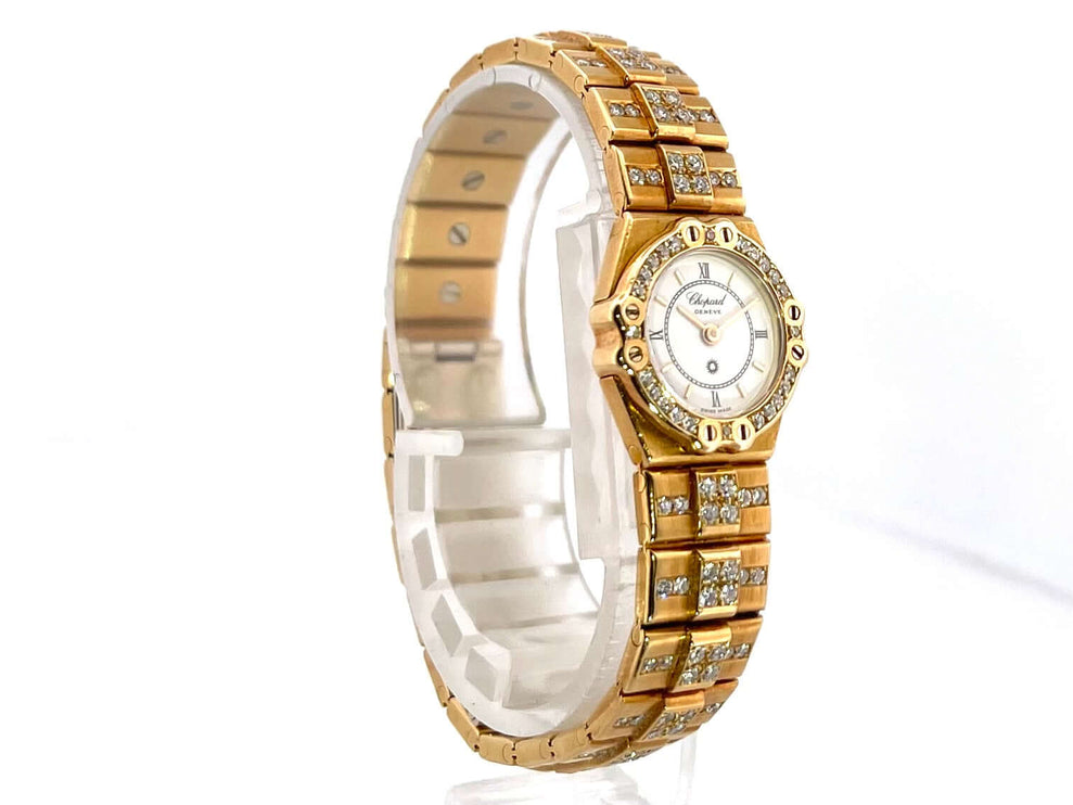 Chopard St. Moritz Gelbgold 25-4643 Vintage Uhr mit Diamanten, 18k poliertes Gelbgold mit weißem Zifferblatt, Quarzwerk, sehr guter Zustand