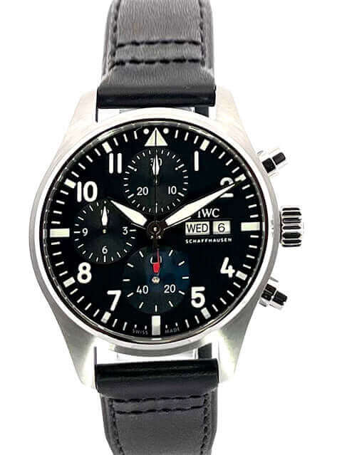 IWC Pilot's Watch Chronograph IW388111 mit Edelstahlgehäuse, schwarzem Zifferblatt und Lederband, Automatikwerk, und Saphirglas