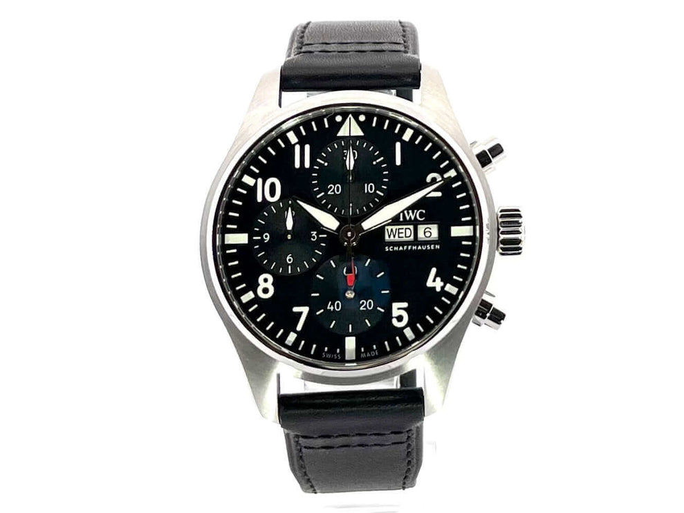 IWC Pilot's Watch Chronograph IW388111, Edelstahlgehäuse, 41 mm, schwarzes Zifferblatt, schwarzes Lederband, Automatikwerk, Chronograph