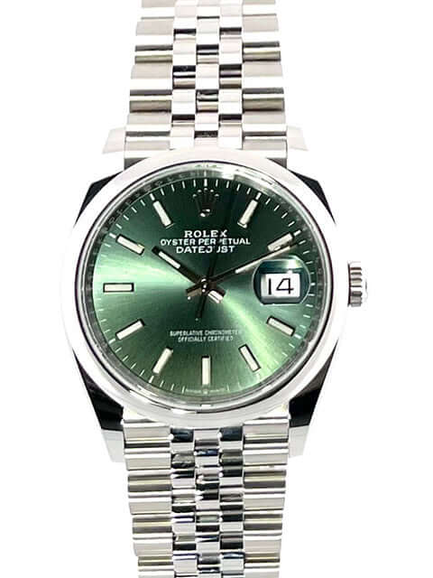 Rolex Datejust 36 Oystersteel Ref. 126200 mit mintgrünem Zifferblatt und Jubile-Edelstahlband, Automatikuhr, Chronometer mit Saphirglas.