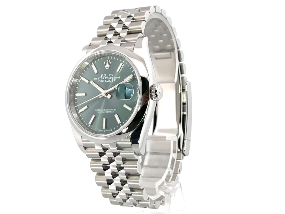 Rolex Datejust 36 Oystersteel 126200 Mintgrün mit Jubile-Band, Leuchtindizes und poliertem Edelstahlgehäuse, luxuriöse Automatikuhr in deutscher Präzision