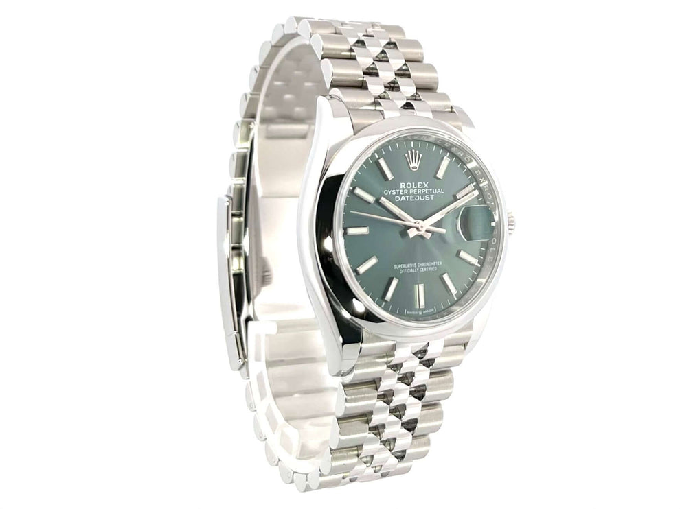 Rolex Datejust 36 Oystersteel 126200 mit mintgrünem Zifferblatt und Jubile-Edelstahlband, poliert und satiniert, Automatik, Saphirglas, Chronometer.