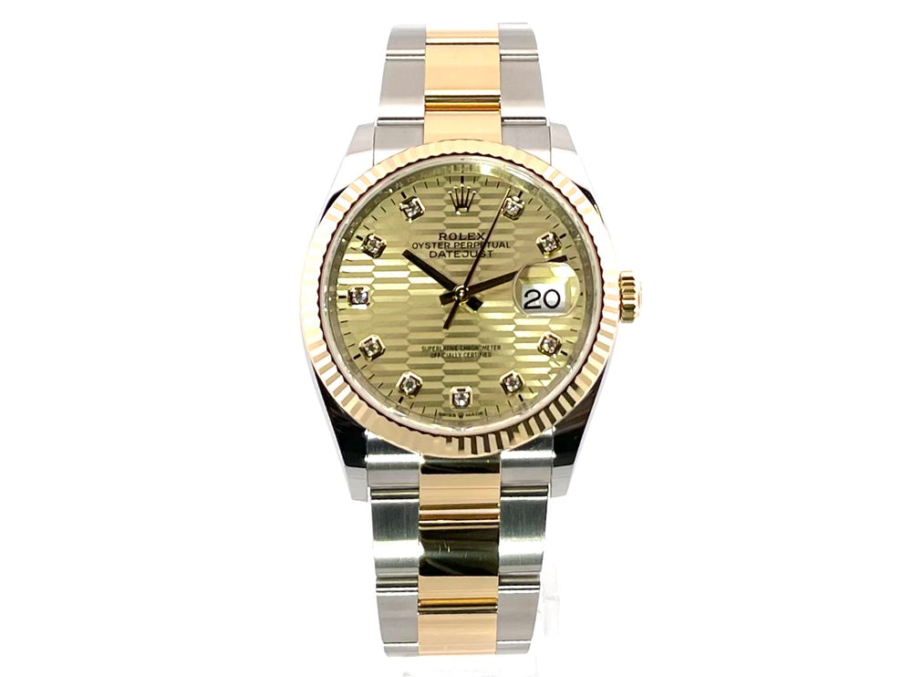 Rolex Datejust 36 126233 in Oystersteel und Gelbgold, geriffelte Lünette, Zifferblatt mit 10 Diamanten, automatische Uhr.