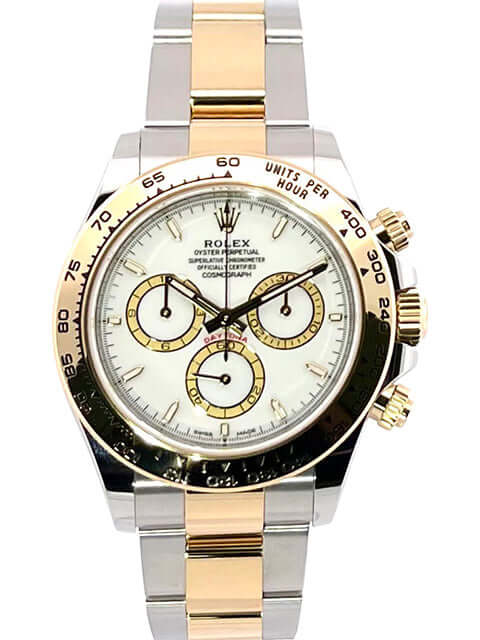 Rolex Daytona 126503 Edelstahl-Gelbgold mit weißem Zifferblatt, 18 kt Gelbgold Lünette und Tachymeterskala, Oyster Armband.