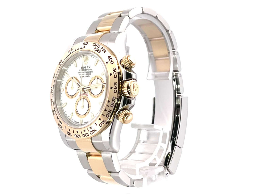 Rolex Daytona Edelstahl 126503 Weiß mit 18 kt Gelbgold, 40 mm Gehäuse, Tachymeterskala, weißes Zifferblatt und Oyster-Armband.