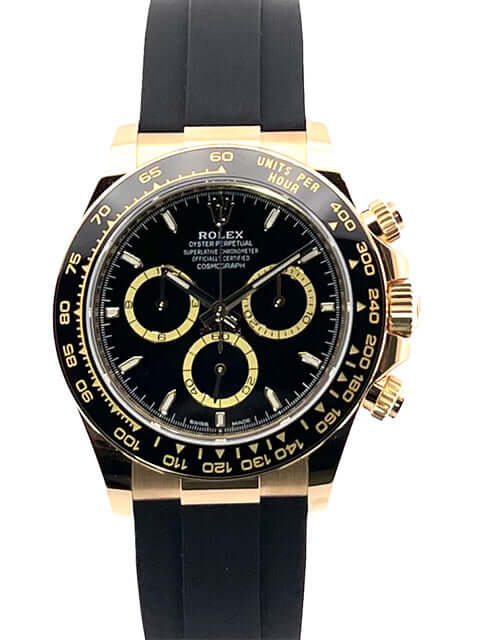 Rolex Daytona 126518LN Gelbgold, 40 mm Oysterflex-Armband, schwarzes Zifferblatt, Keramik Lünette, 18 kt Faltschließe.