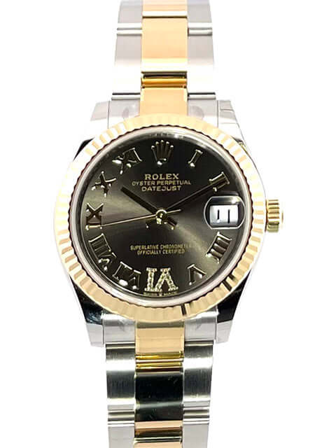 Rolex Datejust 31 Oystersteel Gelbgold Ref. 278273 mit dunkelgrauem Zifferblatt, römischen Ziffern und Diamanten, Edelstahl- und Gelbgoldarmband.