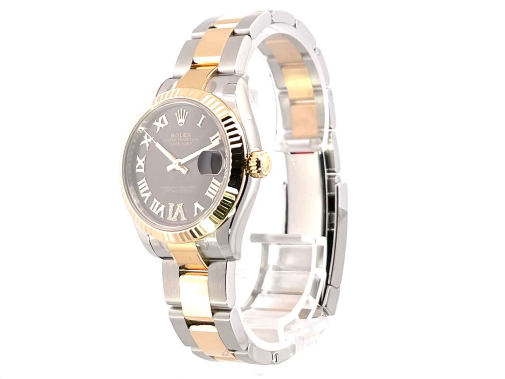 Rolex Datejust 31 Oystersteel Gelbgold 278273, dunkelgraues Zifferblatt mit römischen Ziffern und Diamanten, zweifarbiges Armband