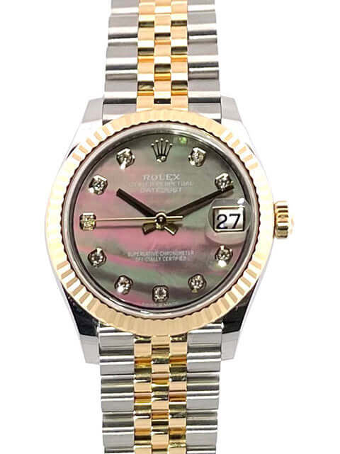 Rolex Datejust 31 Oystersteel Gelbgold, dunkles Perlmutt-Zifferblatt, 10 Diamanten, Jubile-Band, Ref. 278273, 18 kt Gelbgold-Lünette