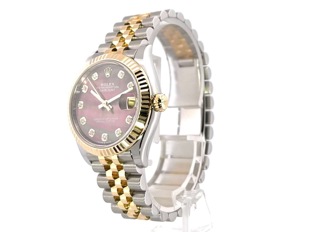 Rolex Datejust 31 Oystersteel Gelbgold 278273 mit dunklem Perlmutt-Zifferblatt, 18 kt geriffelte Lunette, Jubile-Band, automatik.