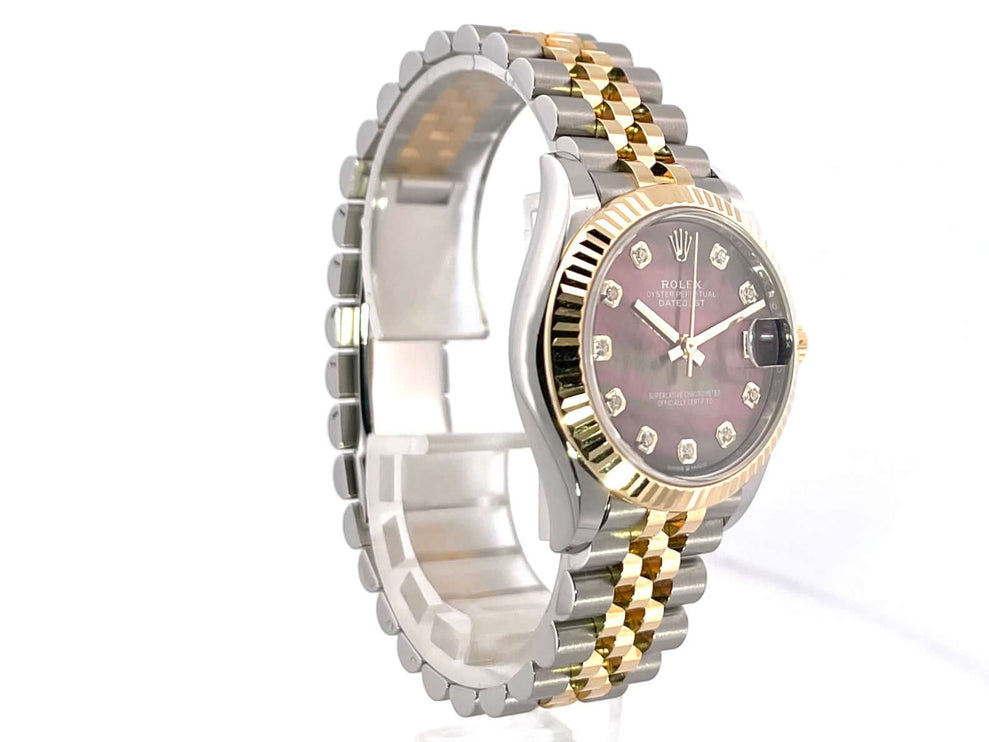 Rolex Datejust 31 Oystersteel Gelbgold Ref. 278273, dunkles Perlmutt Zifferblatt mit Diamanten, Jubile-Band, poliertes und satiniertes Edelstahlgehäuse