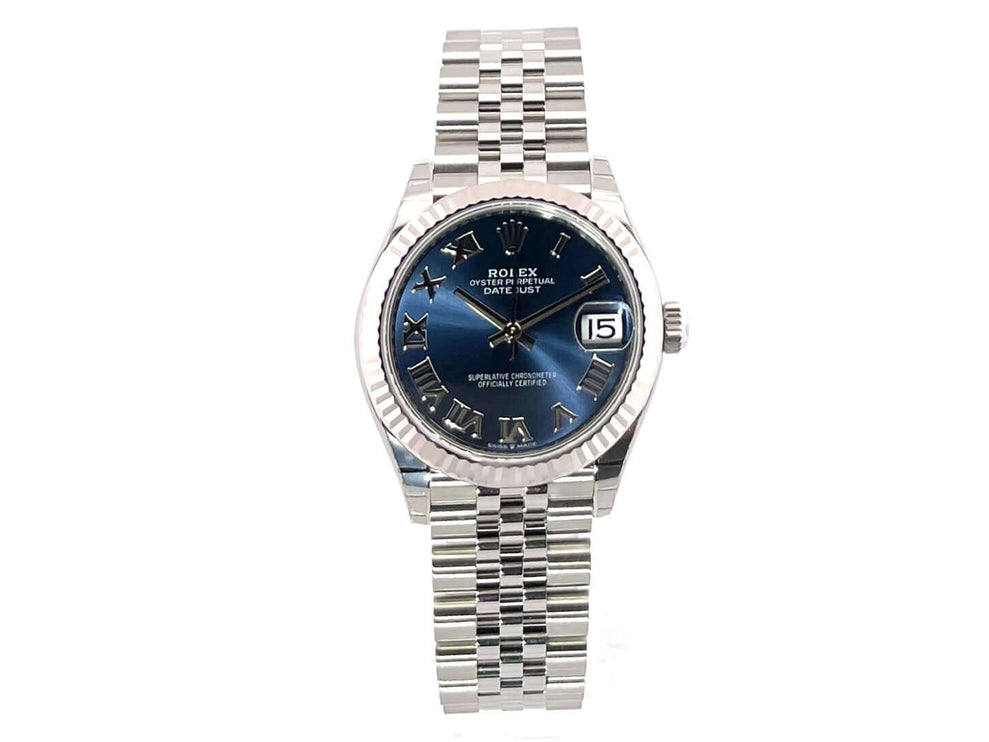 Rolex Oyster Datejust 31 Ref. 278274 mit blauem Zifferblatt, römischen Ziffern und Jubile-Band aus Edelstahl, poliert und satiniert