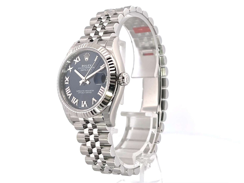 Rolex Oyster Datejust 31 Ref. 278274 mit blauem Zifferblatt und römischen Ziffern, poliertes und satiniertes Jubile Edelstahl-Armband.