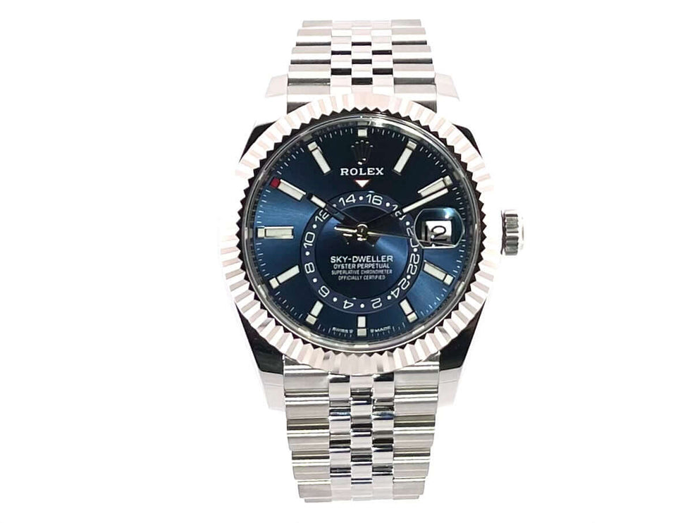 Rolex Sky-Dweller 336934 mit blauem Zifferblatt und Jubiläumsband aus Edelstahl, poliert und satiniert, 42 mm Gehäusedurchmesser.