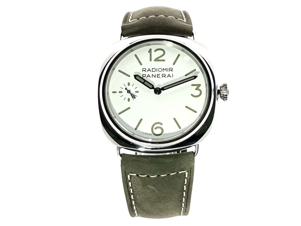 Panerai Radiomir Officine PAM01384, Edelstahlgehäuse, weißes Zifferblatt, khakifarbenes Lederarmband, mechanisches Handaufzugwerk.