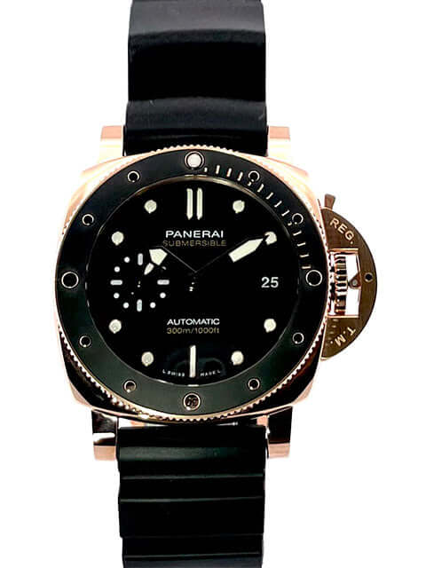 Panerai Submersible Goldtech PAM02164 mit schwarzem Zifferblatt, Keramik-Lünette und schwarzem Kautschukband