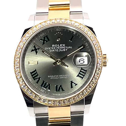 Rolex Datejust 36 Edelstahl Gelbgold 126283RBR mit Diamantlünette und schieferfarbenem Zifferblatt mit römischen Ziffern