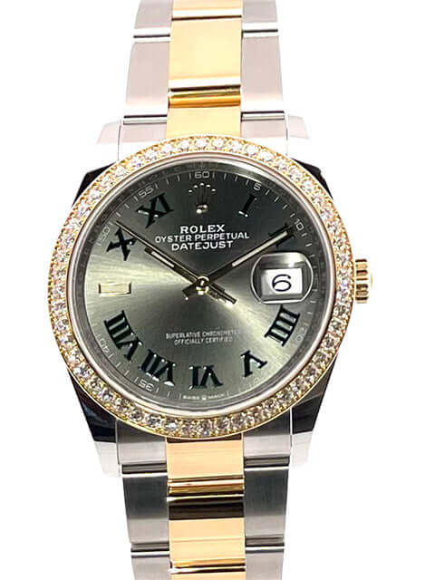 Rolex Datejust 36 Edelstahl Gelbgold 126283RBR mit Diamantlünette und schieferfarbenem Zifferblatt mit römischen Ziffern