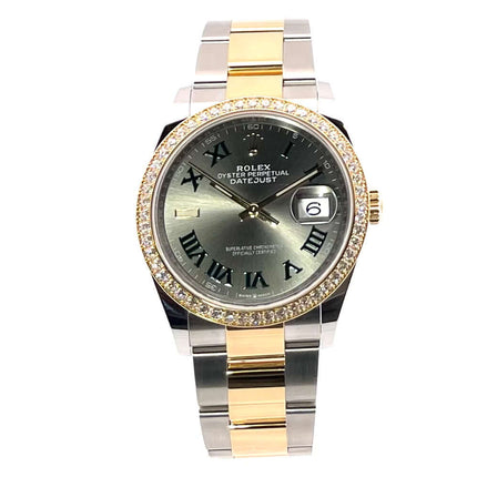 Rolex Datejust 36 Edelstahl Gelbgold 126283RBR mit Diamantlünette und Schiefer Römisches Zifferblatt.