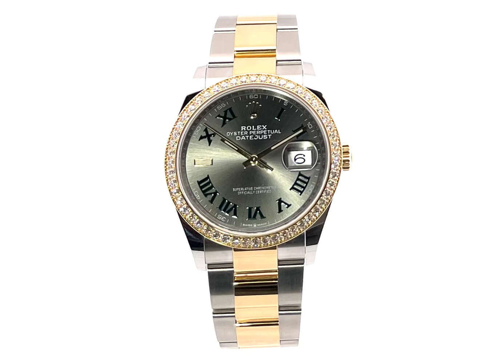 Rolex Datejust 36 Edelstahl Gelbgold 126283RBR mit Diamantlünette und Schiefer Römisches Zifferblatt.