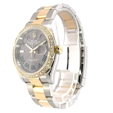 Rolex Datejust 36 Edelstahl Gelbgold 126283RBR, Diamantlünette, Schiefer Zifferblatt mit römischen Ziffern, Automatikwerk