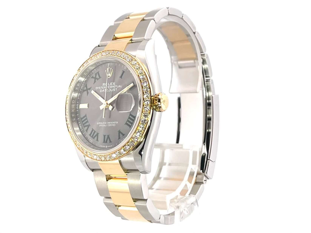 Rolex Datejust 36 Edelstahl Gelbgold 126283RBR, Diamantlünette, Schiefer Zifferblatt mit römischen Ziffern, Automatikwerk