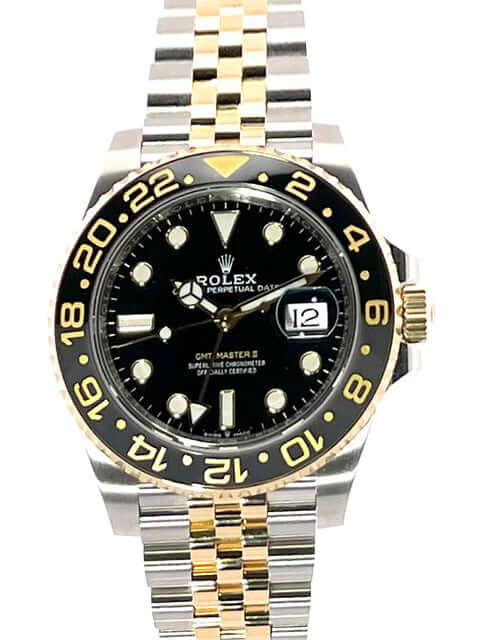 Rolex GMT-Master II Edelstahl Gelbgold Ref. 126713GRNR, schwarze Cerachrom-Zahlenscheibe, Jubilee-Band aus Edelstahl/Gelbgold, schwarzes Zifferblatt, Automatik.