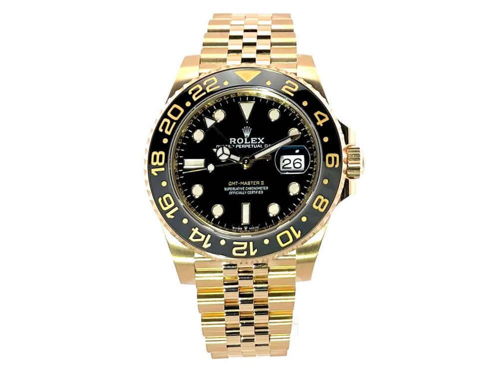 Rolex GMT-Master II Gelbgold 126718GRNR mit schwarzem Zifferblatt und 24-Stunden-Lünette, Jubilee-Band aus 18k Gelbgold, Automatik-Chronometer.